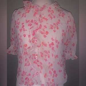 CAbi Pink Floral Chiffon Ruffle Blouse – Sheer & Dreamy!